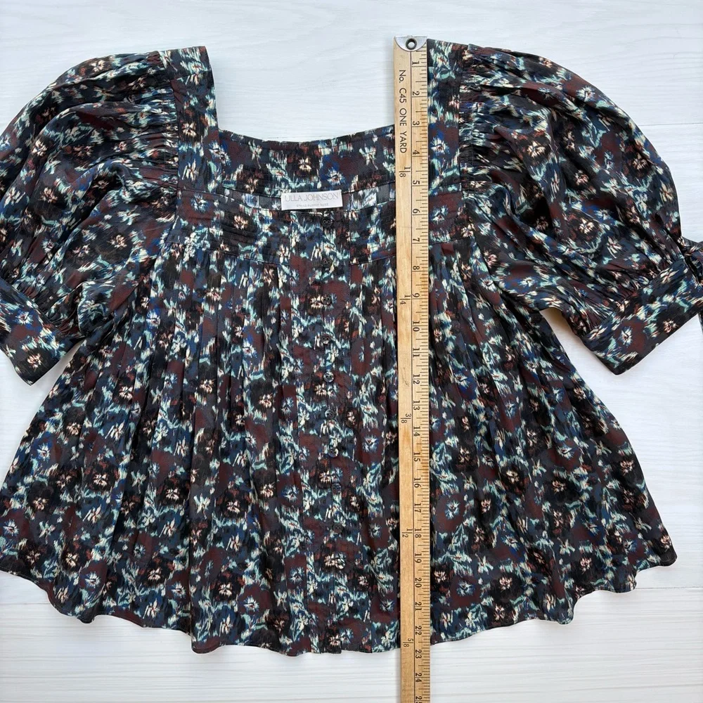 ULLA JOHNSON Lorraine Cobalt Pleated Blouse Floral Silk Top Puff Sleeves Size 6